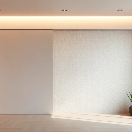 Sliding partition wall elegantly divides open space, enhancing room aesthetics and functionality.