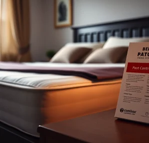 Effective bed bug control in a cozy bedroom with encased mattresses and a pest control guide.