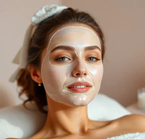 Woman applying a rejuvenating facial mask in a serene spa environment, enhancing her beauty routine.