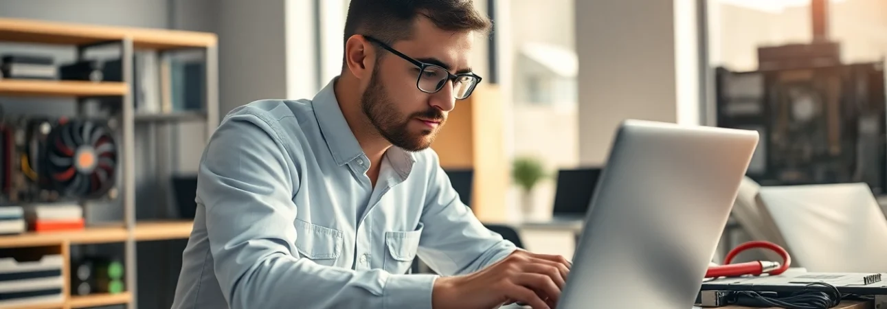 Riparazione pc torino: tecnico che ripara un computer portatile in un ambiente professionale.