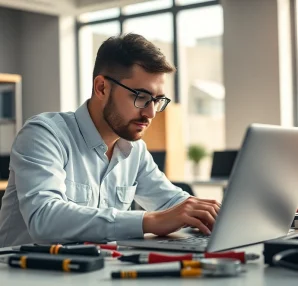 Riparazione pc torino: tecnico che ripara un computer portatile in un ambiente professionale.