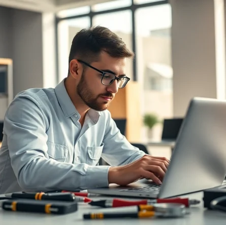 Riparazione pc torino: tecnico che ripara un computer portatile in un ambiente professionale.