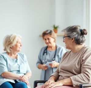 Das Bild zeigt Pflegepersonal, das auf empathische Weise mit einem Patienten interagiert, ideal für marketing für pflegedienste.