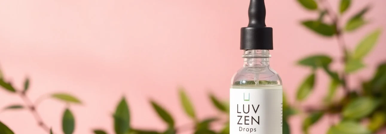 LUV Zen Drops dropper with natural ingredients reflecting calming vibes in a serene setting.