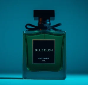 Fragrance of Billie Eilish perfume in a stylish bottle, showcasing elegance with dark green tones.