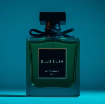 Fragrance of Billie Eilish perfume in a stylish bottle, showcasing elegance with dark green tones.