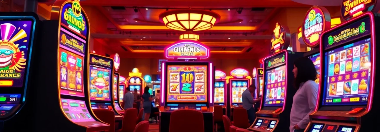 Bermain slot demo dengan mesin slot yang berwarna-warni dan suasana kasino yang meriah.