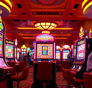 Bermain slot demo dengan mesin slot yang berwarna-warni dan suasana kasino yang meriah.