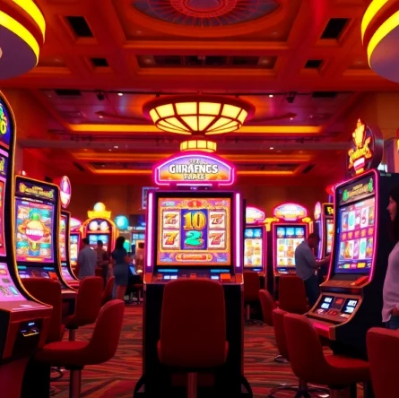 Bermain slot demo dengan mesin slot yang berwarna-warni dan suasana kasino yang meriah.