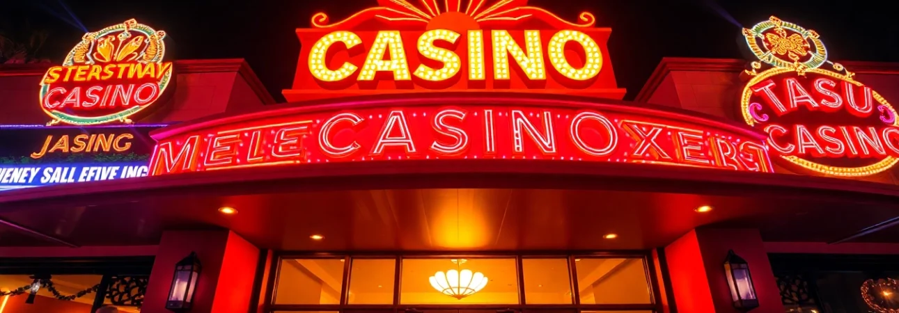 Claim your welcome bonus with exciting casino rewards at our illuminated entrance.
