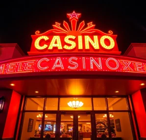Claim your welcome bonus with exciting casino rewards at our illuminated entrance.