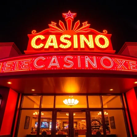 Claim your welcome bonus with exciting casino rewards at our illuminated entrance.