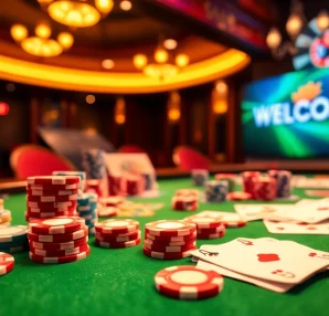 Claim an enticing welcome bonus at our online casino with vibrant chips and cards inviting players to join.