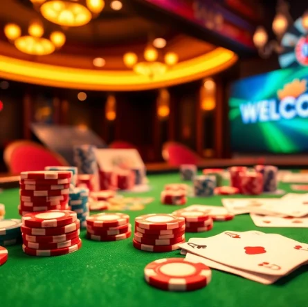 Claim an enticing welcome bonus at our online casino with vibrant chips and cards inviting players to join.