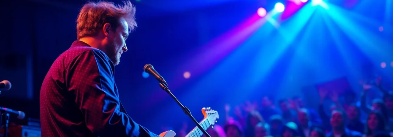 Performance by a professional musician captivating the audience with vibrant stage lighting.