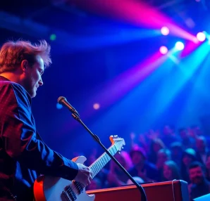 Performance by a professional musician captivating the audience with vibrant stage lighting.