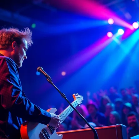 Performance by a professional musician captivating the audience with vibrant stage lighting.