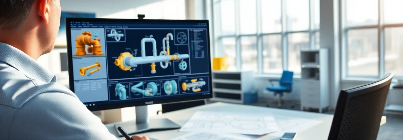 Pipe stress analysis company showcasing detailed engineering workstations with professional tools.
