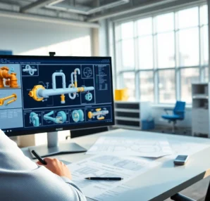 Pipe stress analysis company showcasing detailed engineering workstations with professional tools.