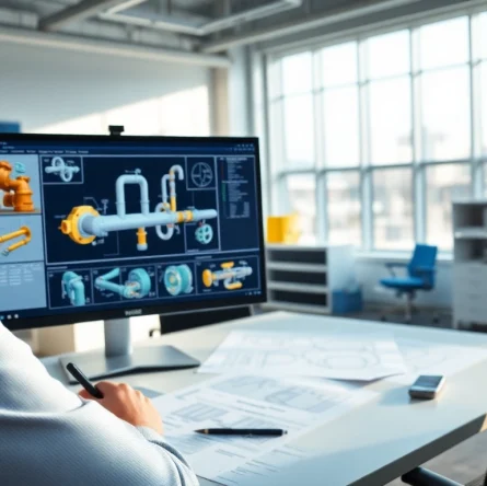 Pipe stress analysis company showcasing detailed engineering workstations with professional tools.