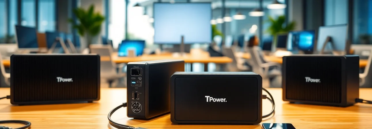 Showcasing TPower power supplies connecting laptops and devices in a modern office.