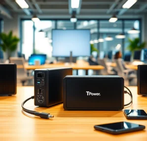 Showcasing TPower power supplies connecting laptops and devices in a modern office.