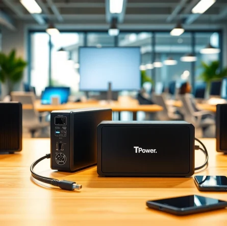 Showcasing TPower power supplies connecting laptops and devices in a modern office.