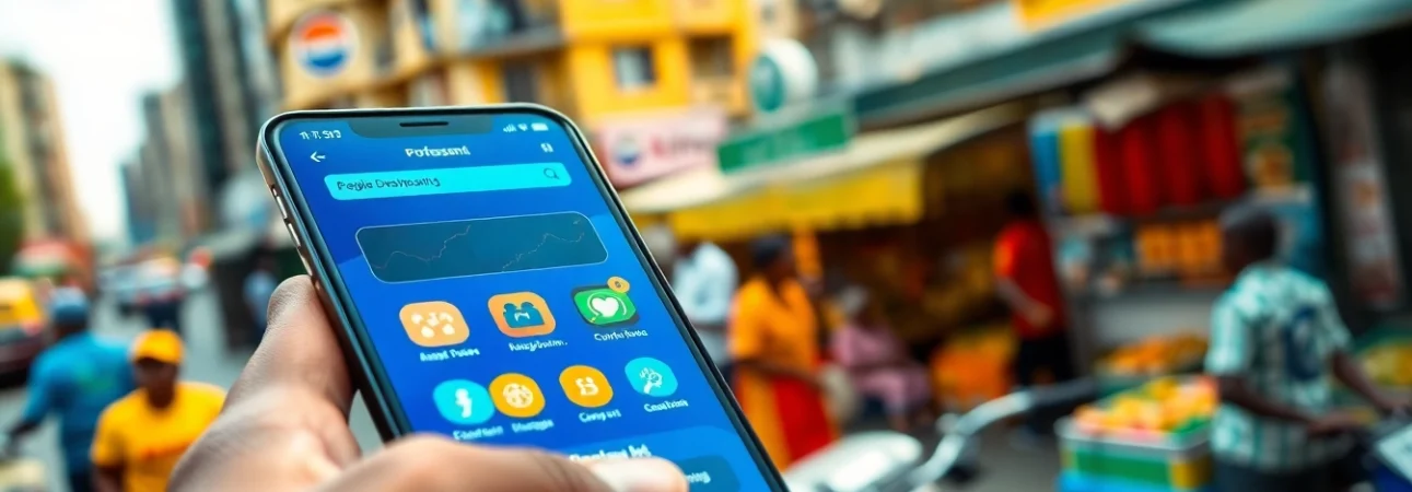 View of delivery apps in Lagos on a smartphone amidst a bustling city scene.