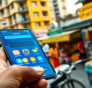 View of delivery apps in Lagos on a smartphone amidst a bustling city scene.