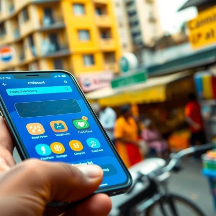 View of delivery apps in Lagos on a smartphone amidst a bustling city scene.