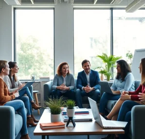 Engaging business coaching service discussed among diverse professionals in a modern office setting.