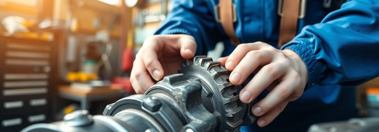 Inspecting a gearbox syncro in a professional garage setting, highlighting its intricate features.