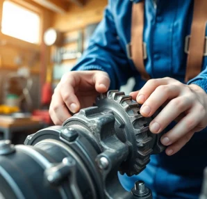 Inspecting a gearbox syncro in a professional garage setting, highlighting its intricate features.