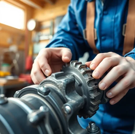 Inspecting a gearbox syncro in a professional garage setting, highlighting its intricate features.