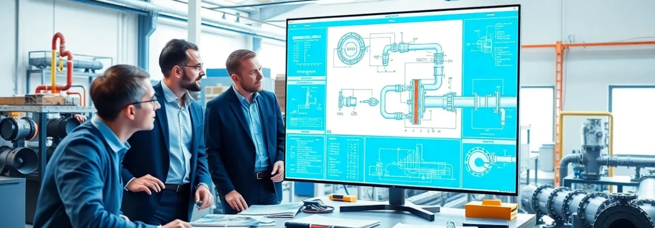 Engineers collaborating on pipe stress analysis in a modern workspace.