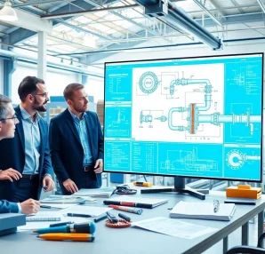 Engineers collaborating on pipe stress analysis in a modern workspace.