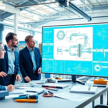 Engineers collaborating on pipe stress analysis in a modern workspace.