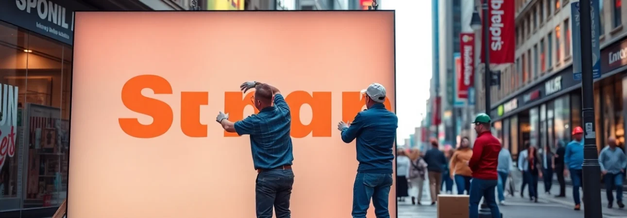 Professionals performing sign installation on a vibrant urban corner with precise techniques.