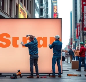 Professionals performing sign installation on a vibrant urban corner with precise techniques.