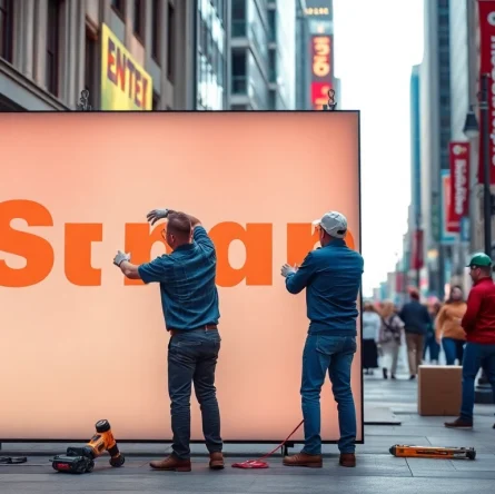 Professionals performing sign installation on a vibrant urban corner with precise techniques.