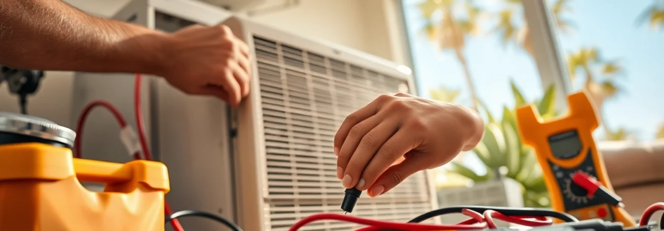 Technician performing ac repair glendale az with tools in bright, sunny home setting.