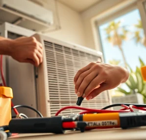 Technician performing ac repair glendale az with tools in bright, sunny home setting.