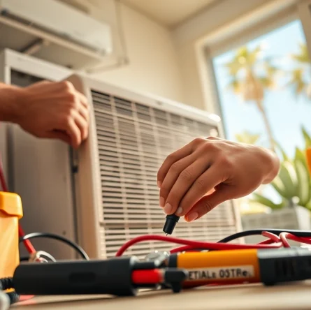 Technician performing ac repair glendale az with tools in bright, sunny home setting.