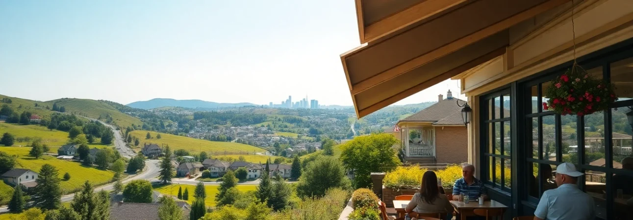Experience Clarksburg's vibrant community life at a charming café with scenic views.