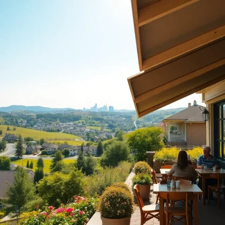 Experience Clarksburg's vibrant community life at a charming café with scenic views.