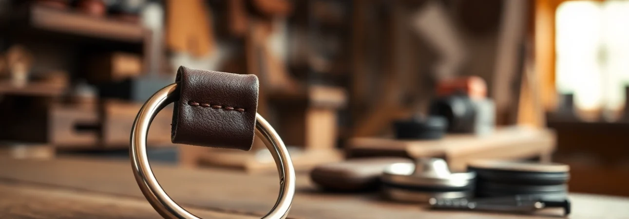 Schlüsselanhänger aus hochwertigem Leder auf rustikalem Holz, elegante Details zeigen Handwerkskunst.