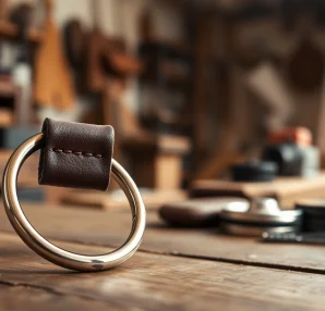 Schlüsselanhänger aus hochwertigem Leder auf rustikalem Holz, elegante Details zeigen Handwerkskunst.