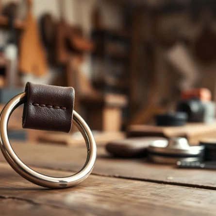 Schlüsselanhänger aus hochwertigem Leder auf rustikalem Holz, elegante Details zeigen Handwerkskunst.