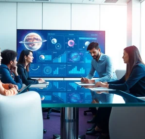 Engaging cosmic career seekers collaborating in a high-tech workspace.
