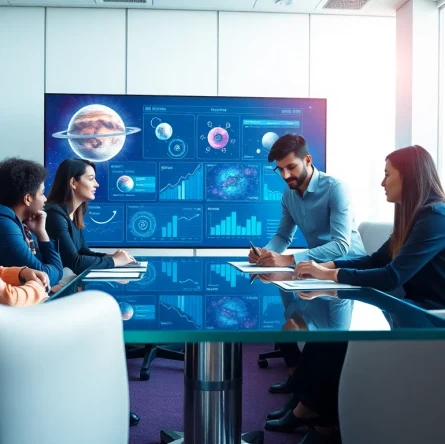 Engaging cosmic career seekers collaborating in a high-tech workspace.